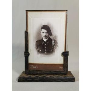 Wrought Iron Photo Frame With Beveled Glass And A Photo Of An Alpine Chasseur Officer, Circa 1920