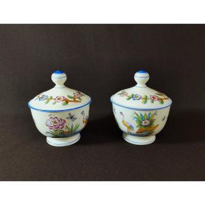 Pair Of 19th Century Porcelain Ointment Pots With Chinese Water Landscape Decor