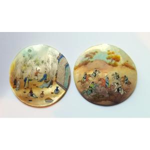 Two Ancient Persian Miniatures Painted On Shell, Scholar's Garden And Hunting Scene
