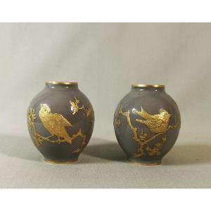 Pair Of Miniature Ball-shaped Vases With Japanese Decor, Birds And Plum Branches