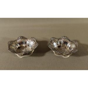 Pair Of Small Silver Salt Cellars, Beautifully Crafted & Ornate Design With Floral Decoration