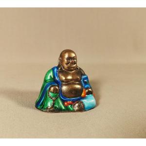 Miniature Laughing Buddha, Gilded & Enameled Copper, Putai Figure, Republic Of China Period