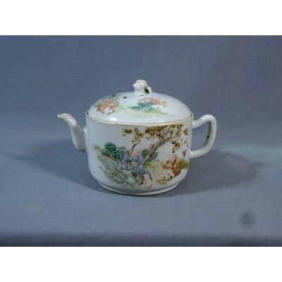 China Vintage Glazed Porcelain Of Landscapes And Man Of Letters With Poetry Ornament. Signed