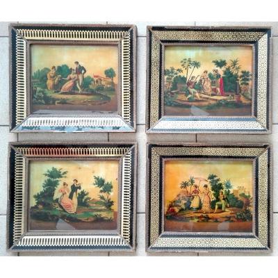 Four Fixed Under Glass Romantic, Galantes Scenes Of The Early Nineteenth, First Empire Period