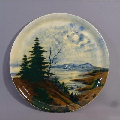 Albert Dammouse To Sevres, Important Dish  Old  Art Nouveau Period,  Decor Vosges Landscape