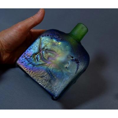 Bertil Vallien Sweden For Boda Iridescent Quadrangular Vase With Flat Band Surmounted By A Small Funnel