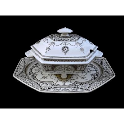 England Minton  Holland Decor, Important Pans Terrine And Its Sleeping Tray, Decorated In Bistre Tones Shades, Circa 1880
