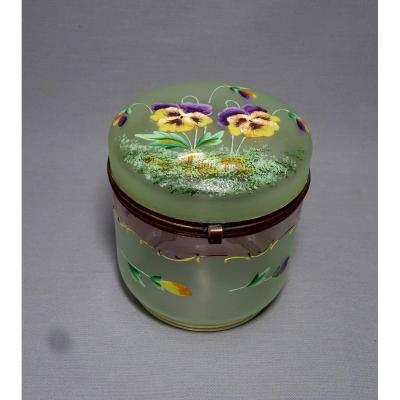 Biscuit Box Or Candy Box Art Nouveau Period In Blown Glass And Enamelled With A Decor Of Pansies Flowers