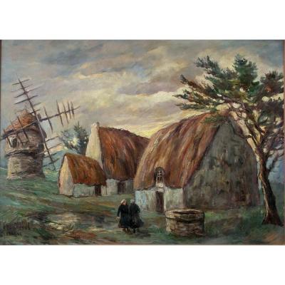 Fred Pailhes Oil Painting On Hardboard Containing A Landscape, Female Characters, Thatched Cottages And Mill In Brittany