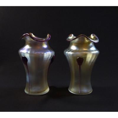 Pair Of Art Nouveau Vases, Jugendstil Iridescent Bohemian Glass, Work By Wilhem Kralik Or Johann Loetz Witwe
