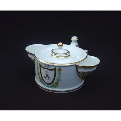 Comte d'Artois Manufacture, Large Circular Inkwell With Two Lateral Porcelain Cups And Polychrome And Gold Decor