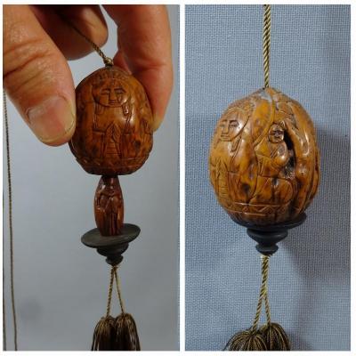 Japan Meiji Era, Walnut Carved Of A Buddha And Lohans, A Second Buddha In Pendant Inside, Signed