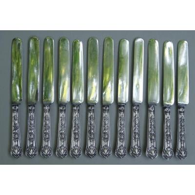 Twelve Fine Neoclassical Fruit Or Cheese Knives, Silver Handle & Steel Blades, A.c. Goldsmith - Very Good Condition