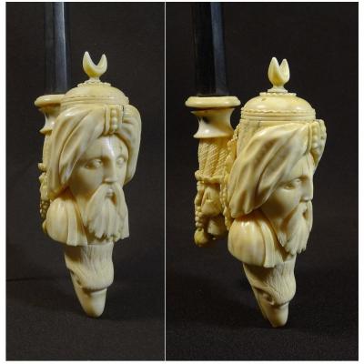 Orientalist Pipe Ivory Work From Dieppe, XVIIIth Century, The Furnace Representing A Moor's Face, Eagle Head Etc
