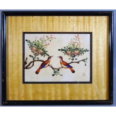China Canton XIXth Century, Gouache On Rice Paper Representing Couple Of Birds On A Peach Tree, Symbol Of Love And Longevity
