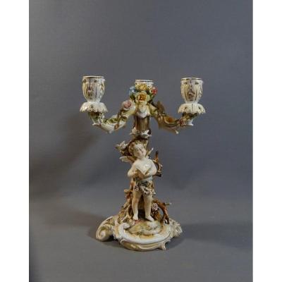Candelabra Or Candlestick With Three Lights Naturalist Decor, Cherub, Turtledove Etc. Porcelain Volkstedt Rudolstadt