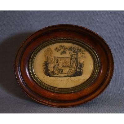  Interesting Miniature Drawing Ink And Wash On Paper, Romantic Scene On The Reverse Of A Love Letter, Dated 1849