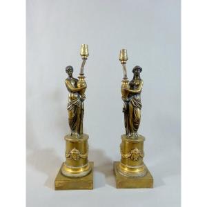 Directoire Period, Pair Of Antique-style Statuettes On Pedestals, Later Mounted As Lamps