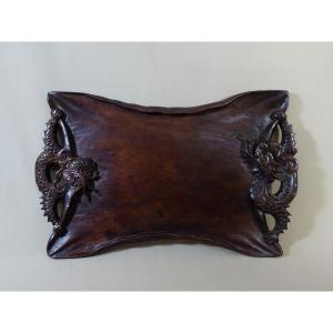 China Late Nineteenth Century, Carved Wooden Tray With Dragon Decor In The Clouds
