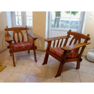 Pair Of Rare Vintage Brutalist Solid Wood Armchairs, Circa 1950-1960 , The Art And Craft Or Pierre Chapo Style