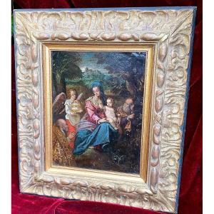  The Holy Family (stop In The Forest), Oil On Copper, School Of Ferrara, 17th Century
