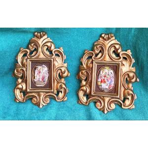 Pair Of Limoges Plaquettes, Biblical Scenes, Carved Wooden Frames, Gilded, 17th/18th Century