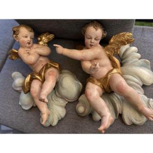 Pair Of Baroque Angels, Carved And Polychrome Wood, South Germany (munich), 18th Century