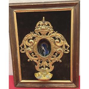  Wall-mounted Holy Water Font In Gilded Copper, Rocaille Decoration, Limoges Plaque (virgin Mary), 18th Century