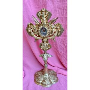 Monstrance - Reliquary (of The True Cross) In Brass With Passion Instrument Decoration, Late 18th Century