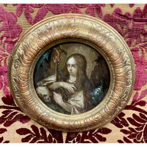Round Painting (tondo), Oil On Wood, "mary Magdalene In Meditation," Central Europe, 18th Century