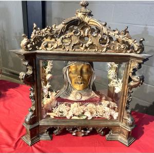 Reliquary - Showcase - Carved Wood , With Wax Bust Of Sainte Cathrin De Sienna , Sicily 1800