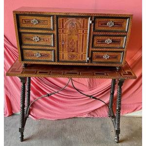 Inlaid Wood Bargueño On Original Base, Spain, Circa 1700