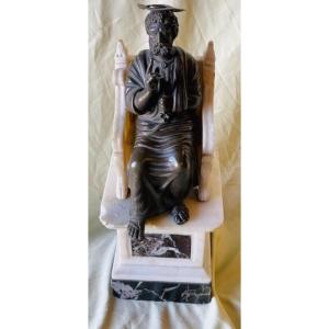 Saint Peter On His Throne, Patinated Bronze And Marble, Circa 1900