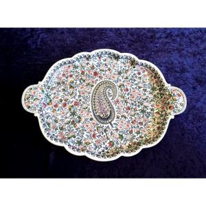 Grand plateau de service en fa&iuml;ence fine de Gien - Motif cachemire.