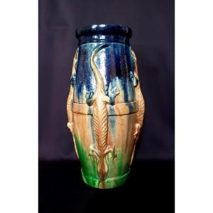 Grand porte-parapluies  en grès émaillé à décor de lézards. Epoque Art Nouveau.