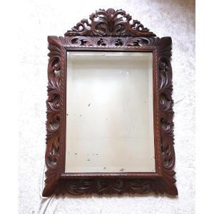 Neo-gothic Mirror In Mahagony And Oak, Decor With Acanthus Leaves. XIX°