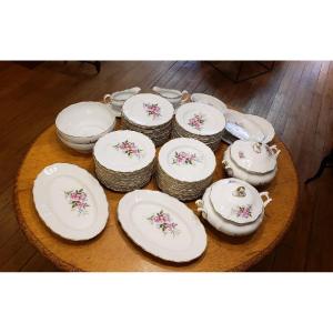 Large Fine Porcelain Service With Floral Decoration - 85 Pieces