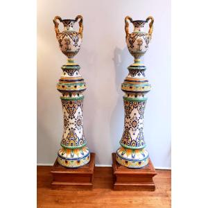 Pair Of Garden Vases Mounted On Columns - Montagnon - 19th Century