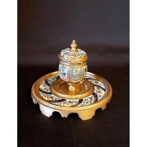 Bronze And Champlevé Enamel Inkwell Limoges Late 19th Century