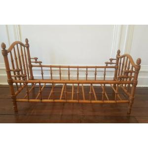 Large Napoleon III Doll Bed In Beech And Bamboo-style Walnut.