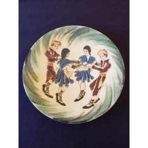 Large Dish Signed Puigdemont Decorated With Dancers