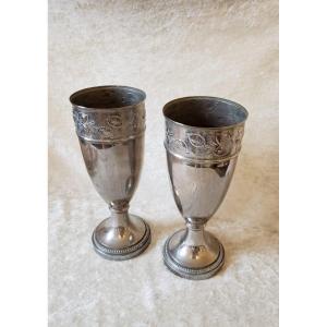 Pair Of Art Deco Period Vases In Silver Metal.