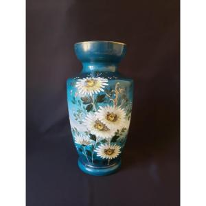 Grand vase en opaline de cristal émaillée - Décor floral marguerites - Fin XIX°