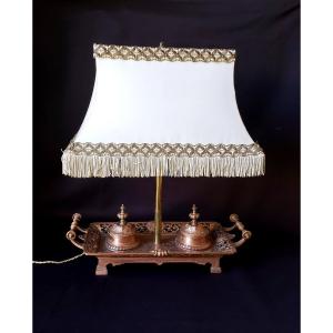 Renaissance Style Desk Lamp With Inkwells - 19th Century