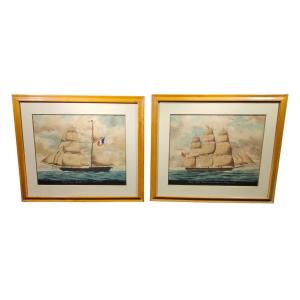 Pair Of Watercolors With Boats