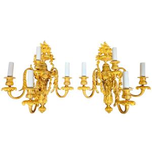 Pair Of Sconces In Dore Bronze Italian Empire Period Eighteenth Century