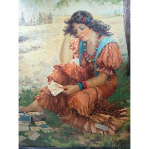 Large Oil On Canvas With Young Gypsy Guessing The Future