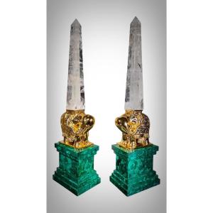 Monumental Malachite Obelisks In Malachite Quartz (rock Crystal) And Gilt Bronze