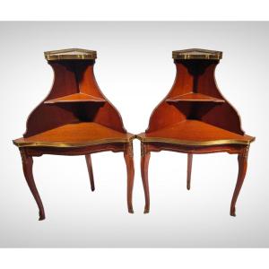 Pair Of Corner Side Tables With Openwork Railing And Marble Top.