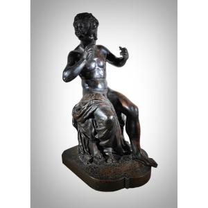 Classic 19th Century Sculpture: Seated Youth In Dark Patinated Copper